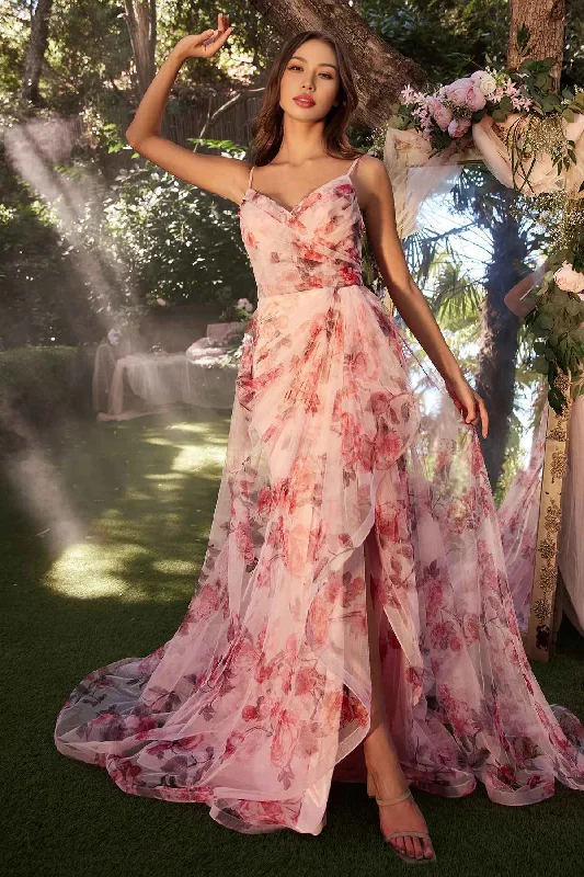 Massive Deals A Line Floral Printed Gown V-Neck Floor-length Prom Dress With Slit