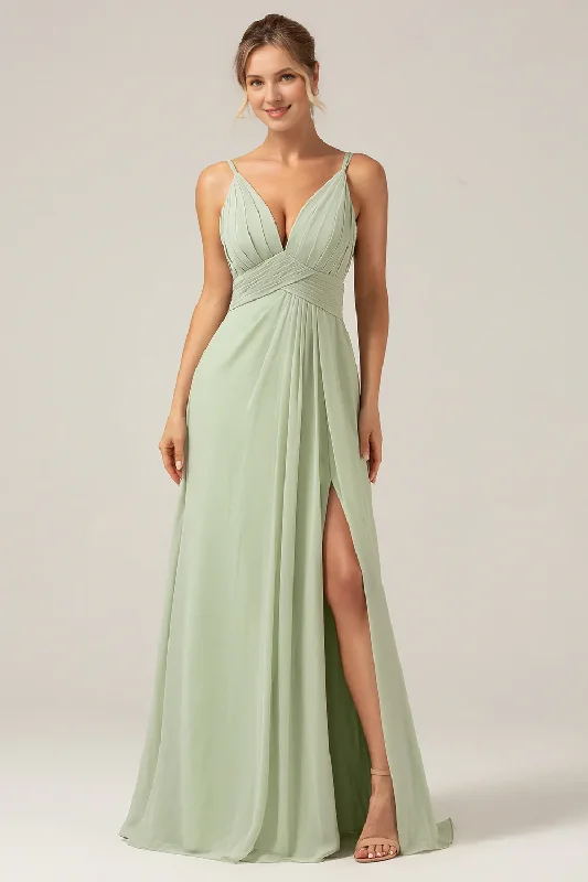 Price Meltdown Dusty Sage A-line slim shoulder pleated chiffon bridesmaid dress