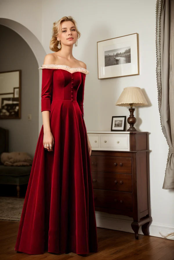 Savings Spectacular Vintage Ruffled tulle Off-the-shoulder 3/4 long sleeves Velvet Dress Savings Spectacular Vintage Ruffled tulle Off-the-shoulder 3/4 long sleeves Velvet Dress