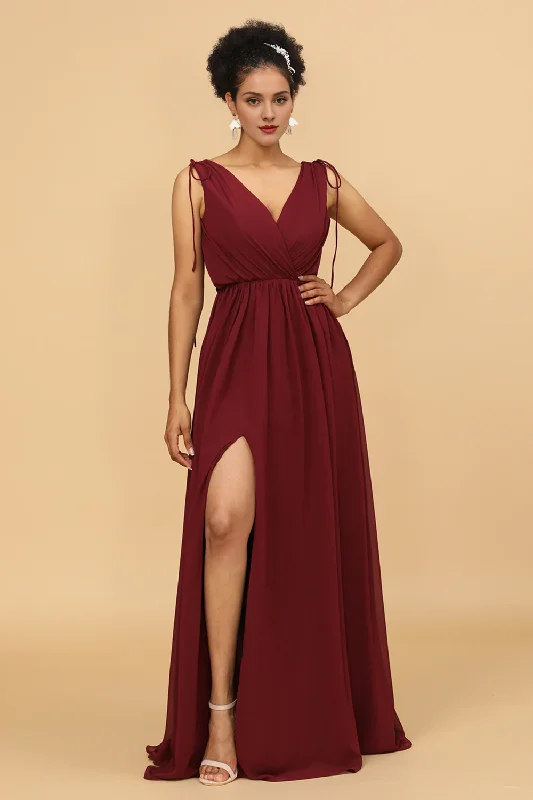 Epic Deals Wine red V-neck pleated long chiffon bridesmaid dress