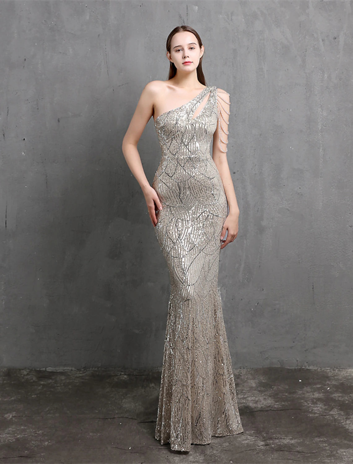 Flash Deals Mermaid / Trumpet Evening Gown Sparkle & Shine Dress Formal Floor Length Short Sleeve One Shoulder Sequined with Sequin