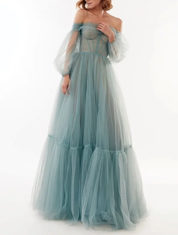 Sale Event A-Line Elegant Sexy Wedding Guest Prom Dress Off Shoulder Long Sleeve Floor Length Tulle with Bow(s) Pleats Sale Event A-Line Elegant Sexy Wedding Guest Prom Dress Off Shoulder Long Sleeve Floor Length Tulle with Bow(s) Pleats