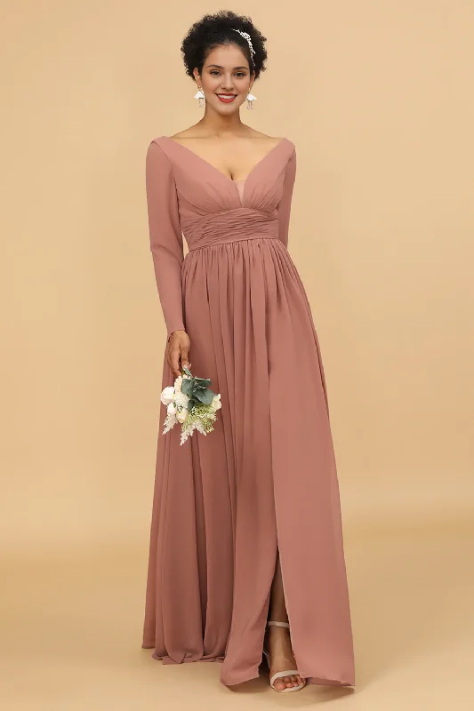 Overstock Pink V-neck long sleeved slit chiffon bridesmaid dress