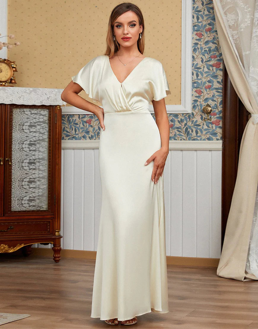 Stock Up and Save Ivory V-Neck Bridesmaid Dress Floor-length with Sleeve