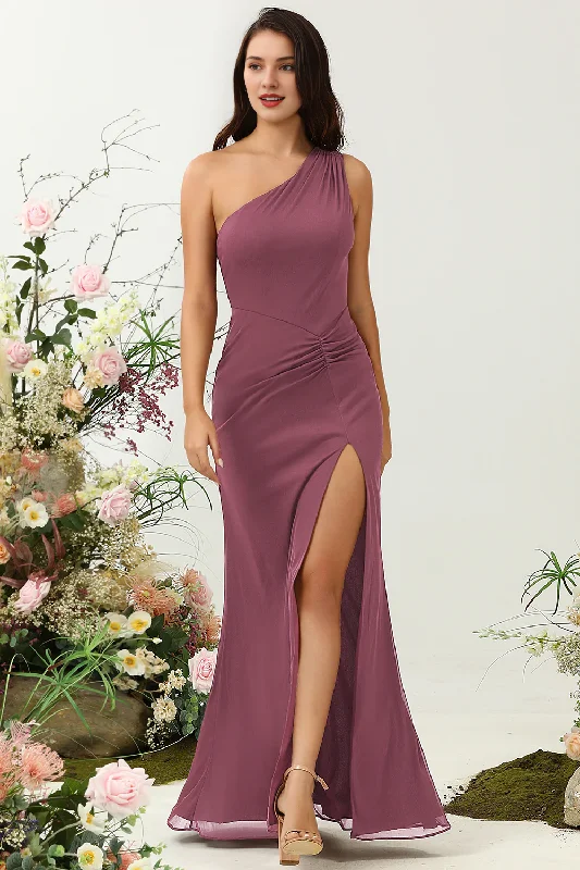 Buy More, Save More Desert Rose Tail One Shoulder Long Split Bridesmaid Dress