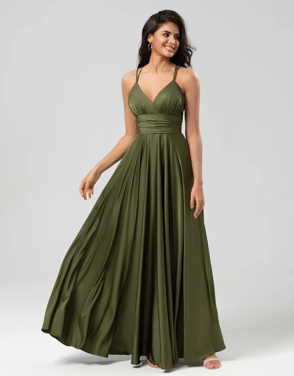 Price Rollback A Line Spaghetti Straps Olive Long with Ruffles Bridesmaid Dress