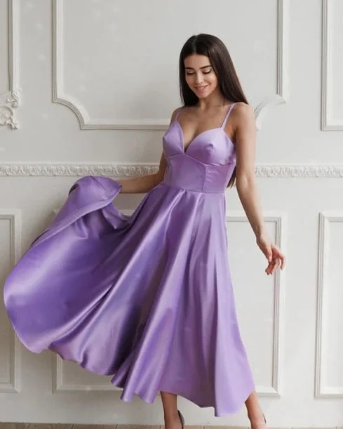 Great Deals Tea Length Bridesmaid Dresses Satin V Neck A-Line Party Dresses