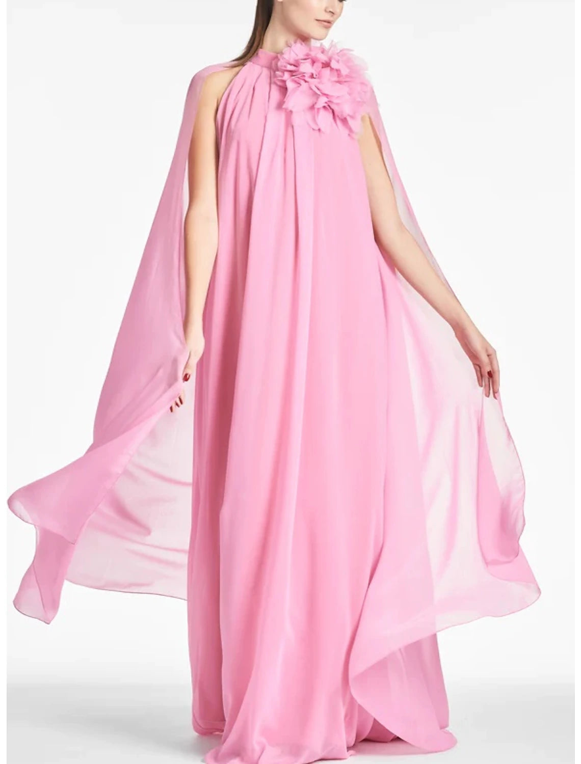 Deal Zone A-Line Evening Gown Elegant Dress Formal Prom Floor Length Sleeveless Jewel Neck Chiffon with Shouder Flower