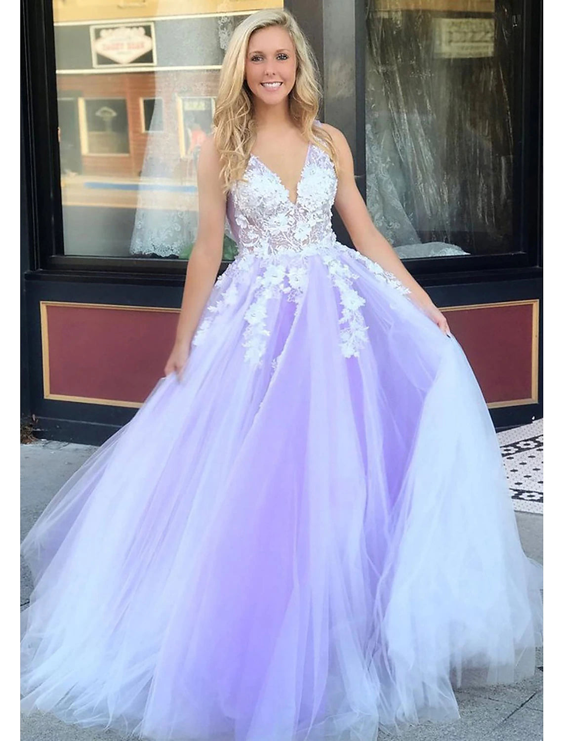 Massive Deals Ball Gown A-Line Prom Dresses Color Block Dress Formal Prom Floor Length Sleeveless V Neck Tulle Backless V Back with Beading Appliques