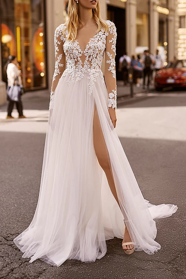 Bargain Prices A-line illusion V-neck lace long sleeved Bohemian style slit wedding dress Bargain Prices A-line illusion V-neck lace long sleeved Bohemian style slit wedding dress