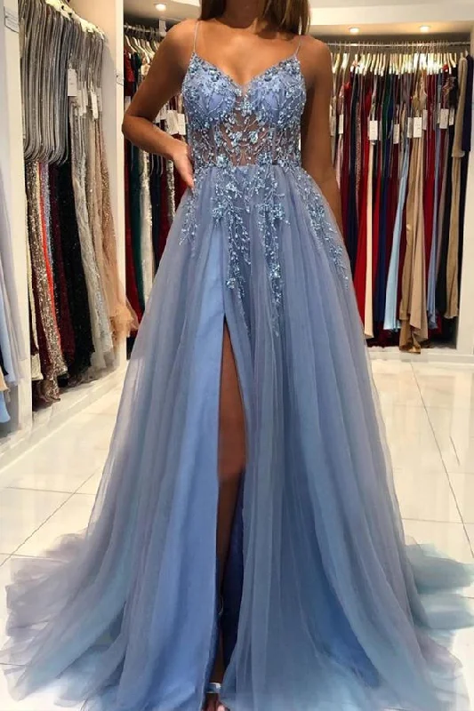 Don’t Miss Out A Line V Neck Blue Tulle Long Prom Dresses Formal Dress With Beading