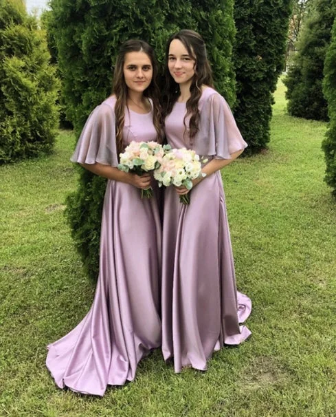 Incredible Offers Mauve Purple Bridesmaid Dresses Ruffles Sleeves With Sweep Train
