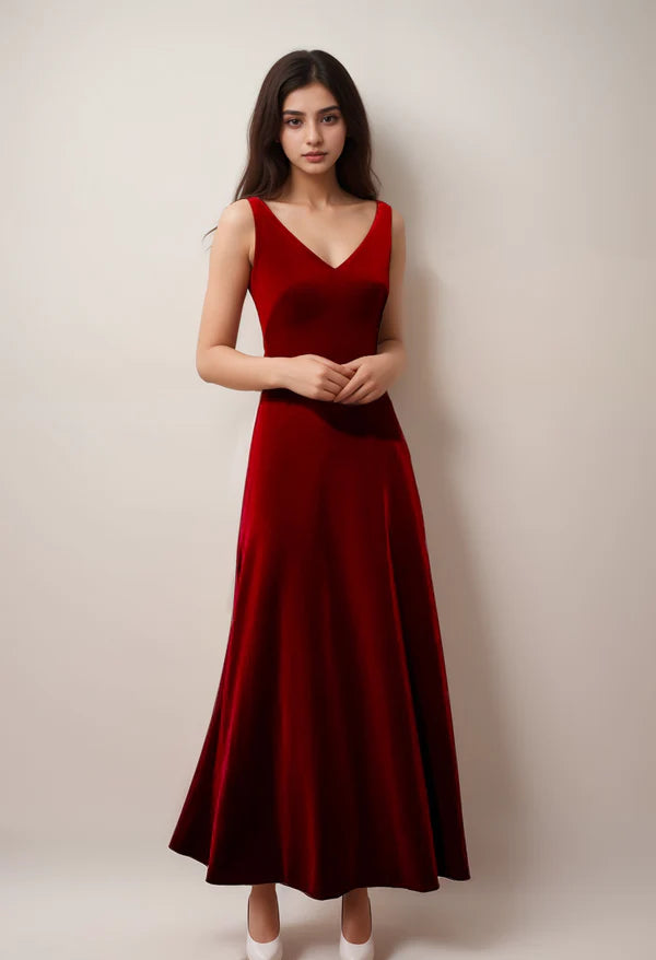 Online Only Elegant V-neck low back Sleeveless Hepburn Style long Velvet Dress