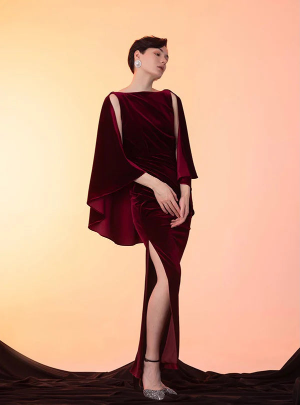 Price Break Designer Ruffled Cape low back Pencil skirt sheath Velvet Prom Dress