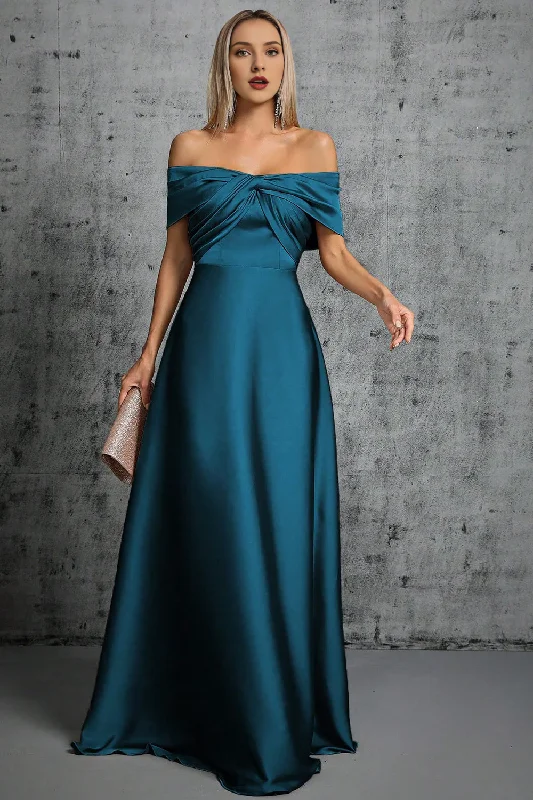 Price Rollback Peacock blue satin off shoulder pleated formal dress
