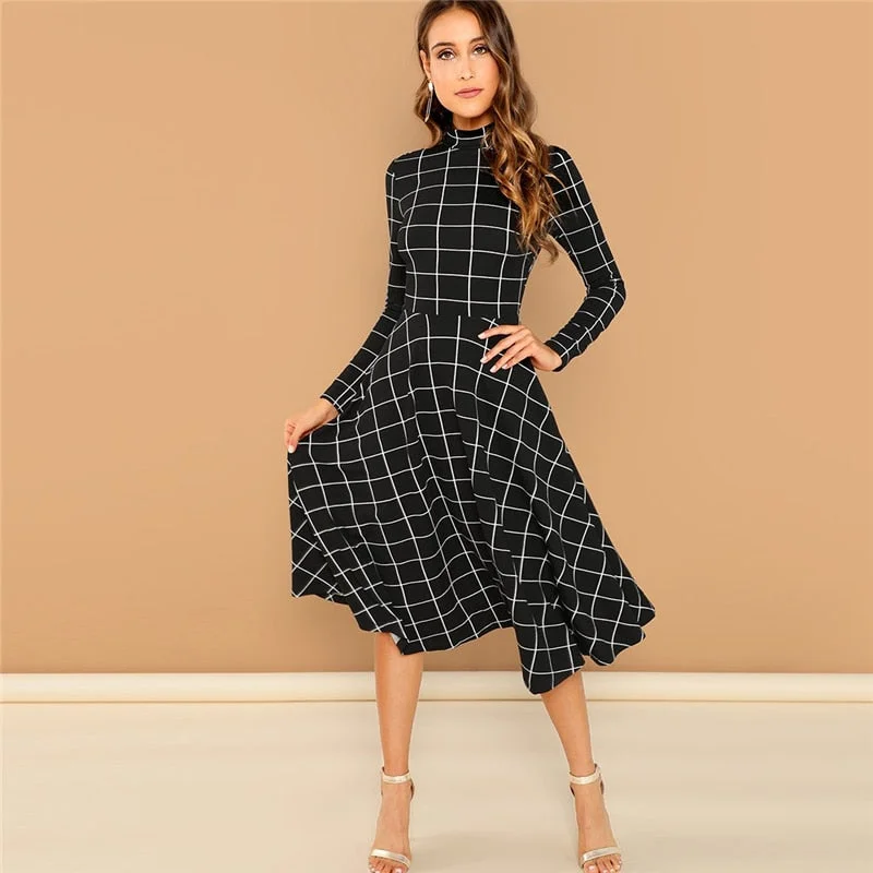 Markdowns Women's Autumn Long Sleeve Plaid A-Line Midi Dress
