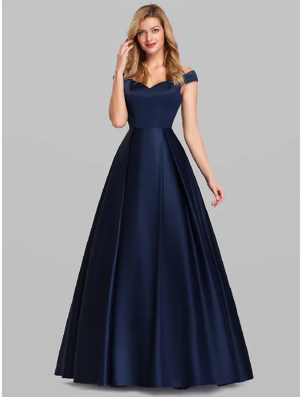 Exclusive Savings Elegant Prom Birthday Dress Off Shoulder Short Sleeve Floor Length Satin with Pleats