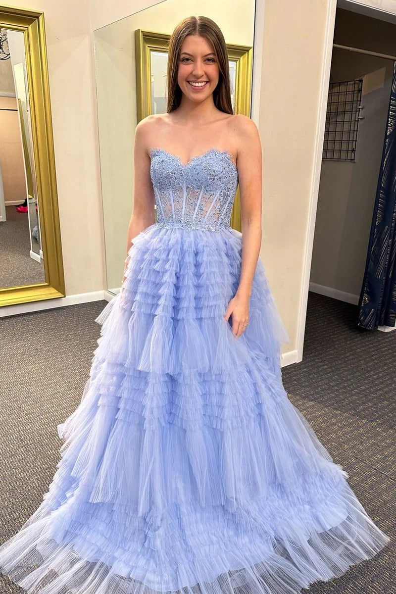 Clearance Items A-Line Ruffle Tiered Tulle Long Prom Dresses with Appliques