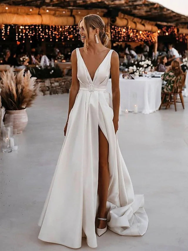 Exclusive Preview Open Back Wedding Dresses Court  A-Line Sleeveless V Neck Satin With Sashes  Ribbons Sash  Ribbon