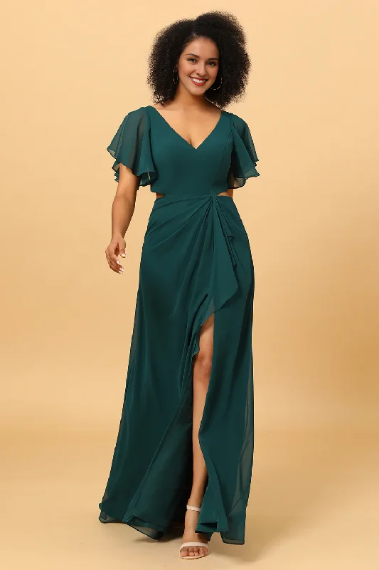 Super Savings Pine V-neck short sleeved chiffon bridesmaid dress