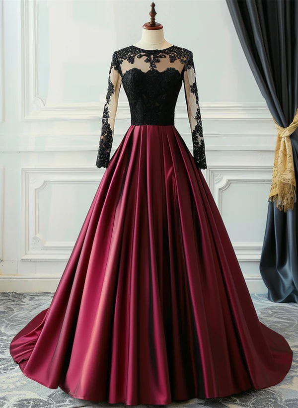 Extra Savings A-Line Ballgown Wine Red Satin with Black Lace Long Sleeves Prom Dress Formal Dress