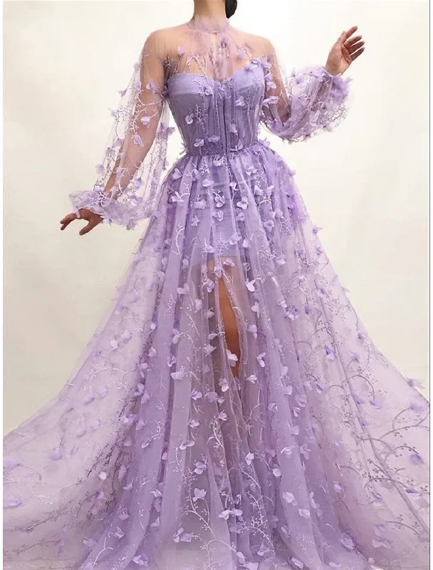 Final Clearance A-Line Prom Dresses Floral Dress Wedding Guest Prom Floor Length Long Sleeve V Neck Tulle with Appliques