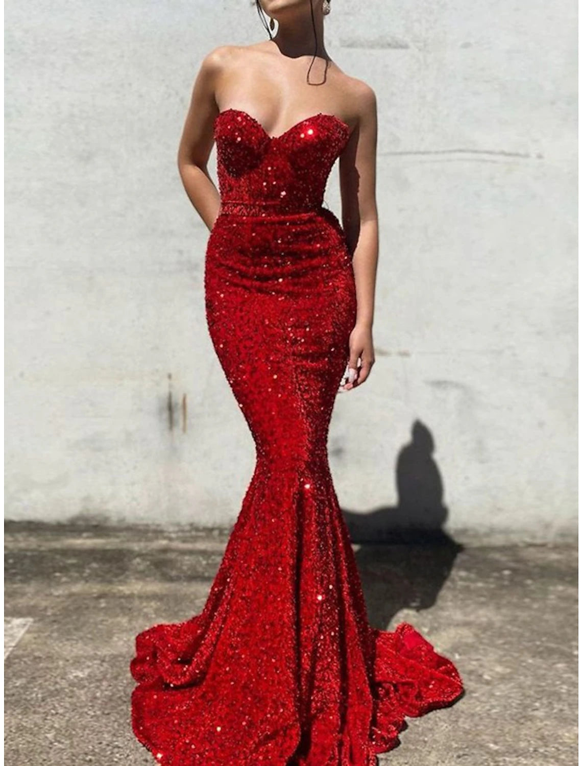Epic Deals Mermaid Red Green Dress Evening Gown Sparkle & Shine Dress Prom Wedding Party Sweep / Brush Train Sleeveless Sweetheart Sequined Backless with Sequin