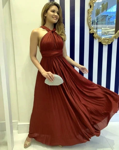 Bonus Savings A-Line Halter Long Open Back Bridesmaid Dresses Chiffon Prom Dresses
