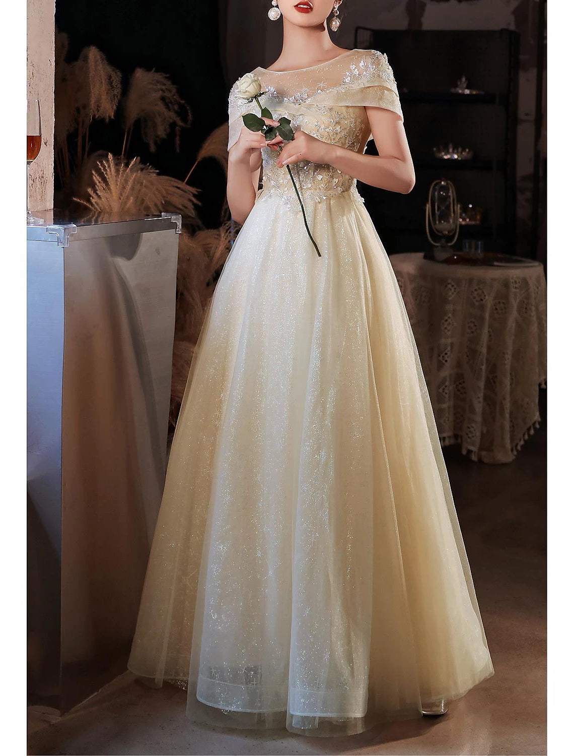 Today’s Deal A-Line Beautiful Back Elegant Prom Formal Evening Dress Jewel Neck Short Sleeve Floor Length Lace with Beading Appliques Today’s Deal A-Line Beautiful Back Elegant Prom Formal Evening Dress Jewel Neck Short Sleeve Floor Length Lace with Beading Appliques