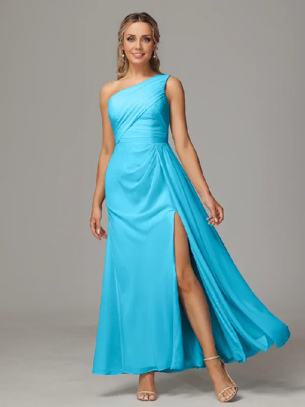 Daily Deals One Shoulder Floor Length Chiffon Bridesmaid Dress With Slit