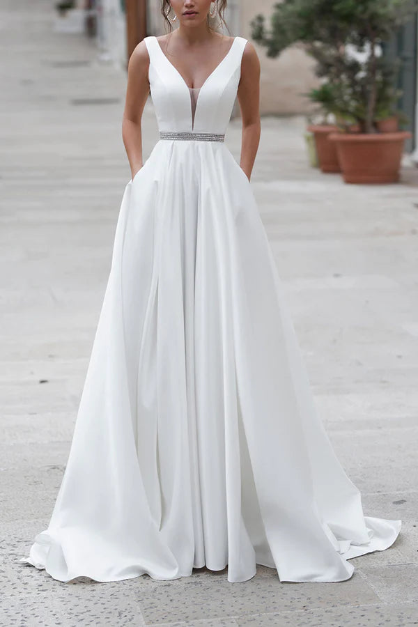 Sale Event A-shaped deep V-neck satin wedding dress with pockets court tail minimalist bride dress