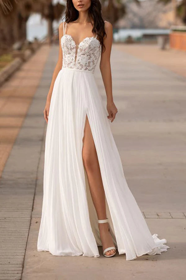 Epic Deals A-neck V-neck lace patch side slit bohemian beach wedding dress