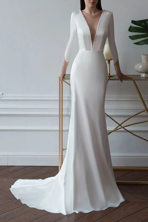 Warehouse Sale Sheath/pillar illusion deep V-neck long sleeved palace train satin wedding dress