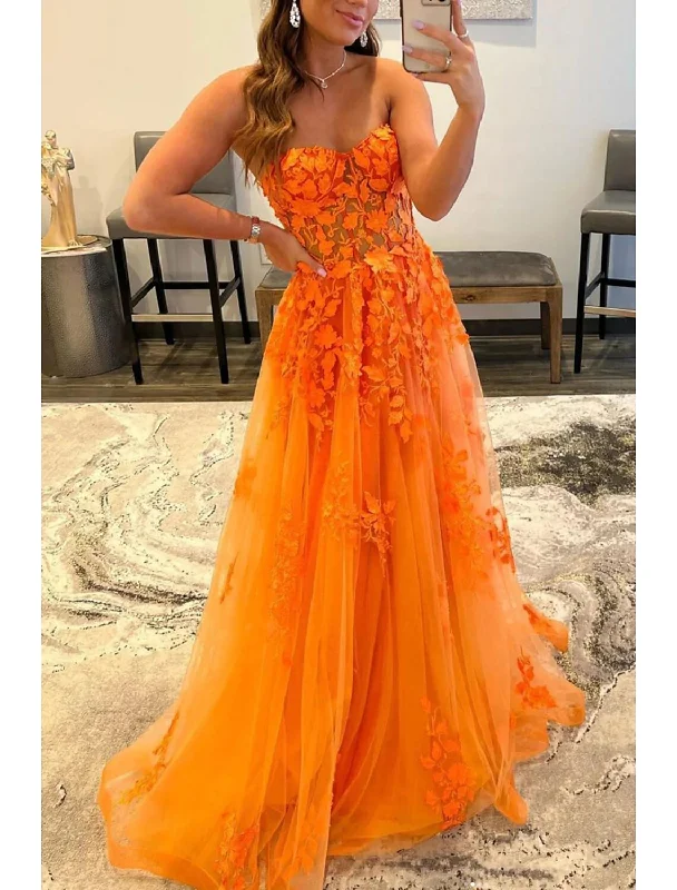 Sneak Peek Sale A-Line Prom Dresses Floral Dress Formal Wedding Guest Sweep / Brush Train Sleeveless Sweetheart Tulle Backless with Pleats Appliques