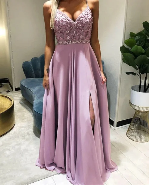 Deal Dash Beaded V-Neck Split Bridesmaid Dresses Chiffon A-Line Prom Dresses