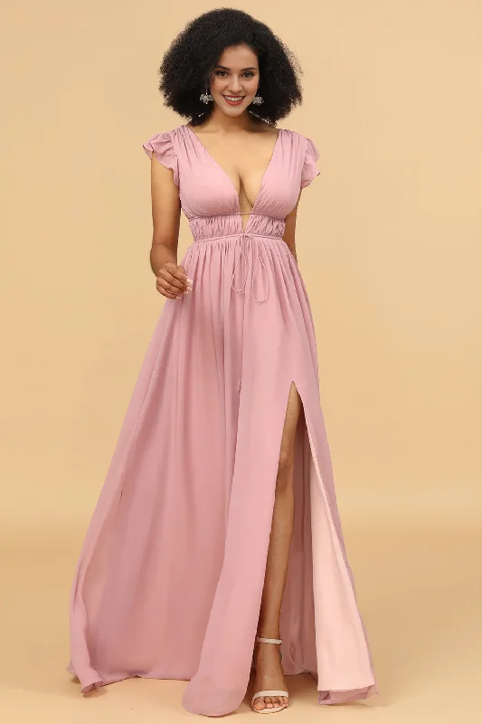 Big Discounts Pink A-line V-neck long slit chiffon bridesmaid dress