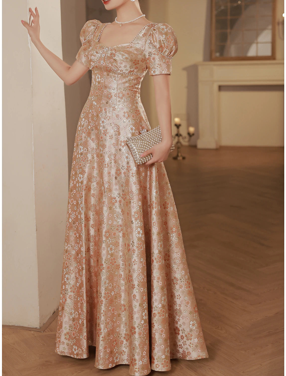 Sale Event A-Line Prom Dresses Sparkle & Shine Dress Engagement Prom Floor Length Short Sleeve Scoop Neck Satin with Ruched Pearls