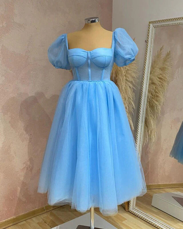 Special Price Blue Tulle Puffy Sleeve Midi Dress A-Line Princess Prom Dresses
