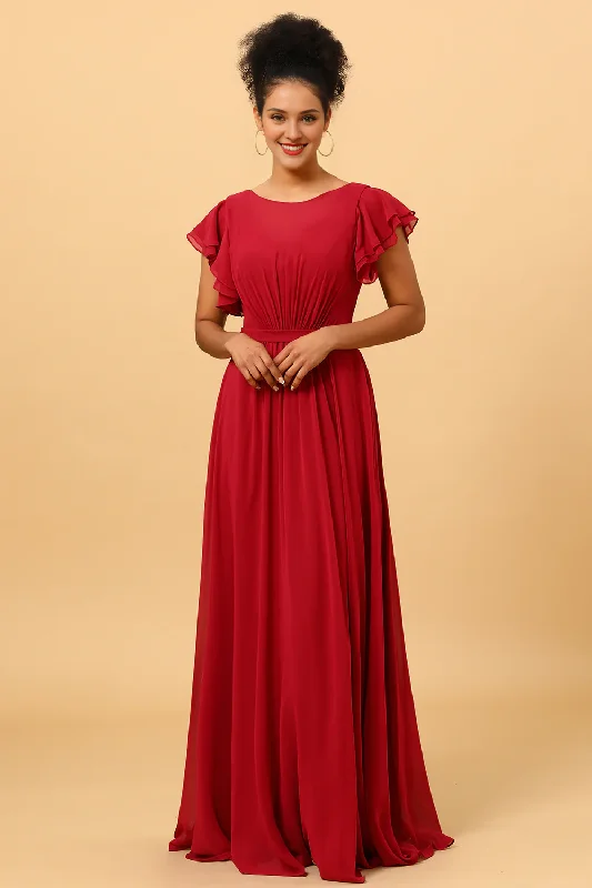 Referral Discount Wine red ruffled pleated long chiffon bridesmaid dress