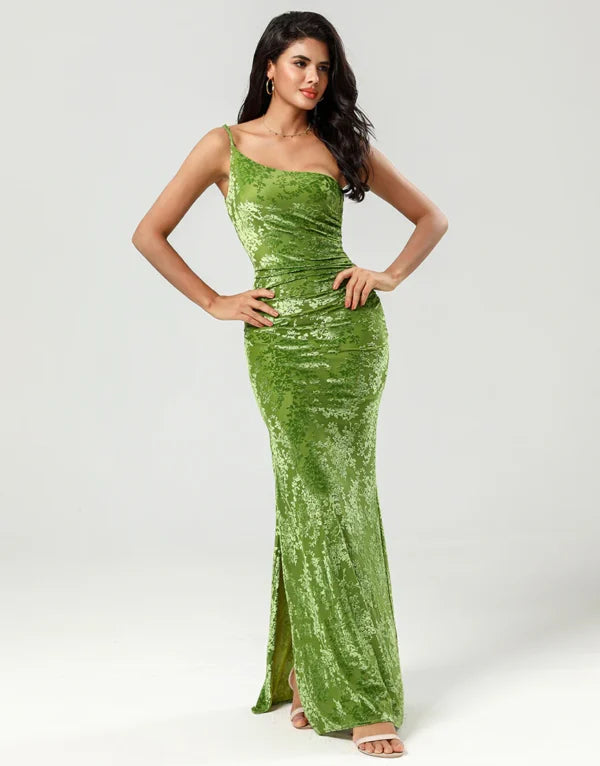 Midnight Madness Bridesmaid Dress Mermaid One Shoulder Olive Velvet