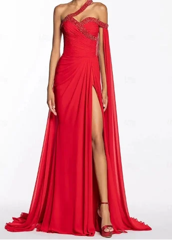 Mega Sale A-Line Evening Gown Elegant Floor Length Sleeveless One Shoulder Chiffon with Sequin
