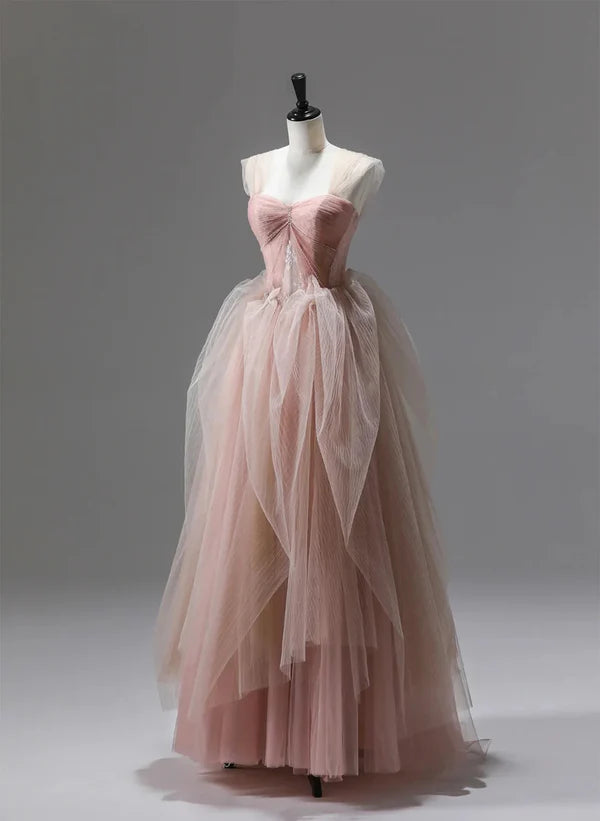 Discount Days A-Line Princess Pink Tulle Beaded Long Party Dress Prom Dress Floor Length Formal Dress