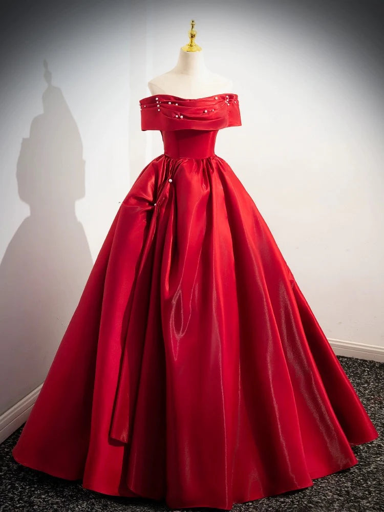 New Markdowns A-Line Off Shoulder Satin Red Long Prom Dress Evening Dress Ballgown