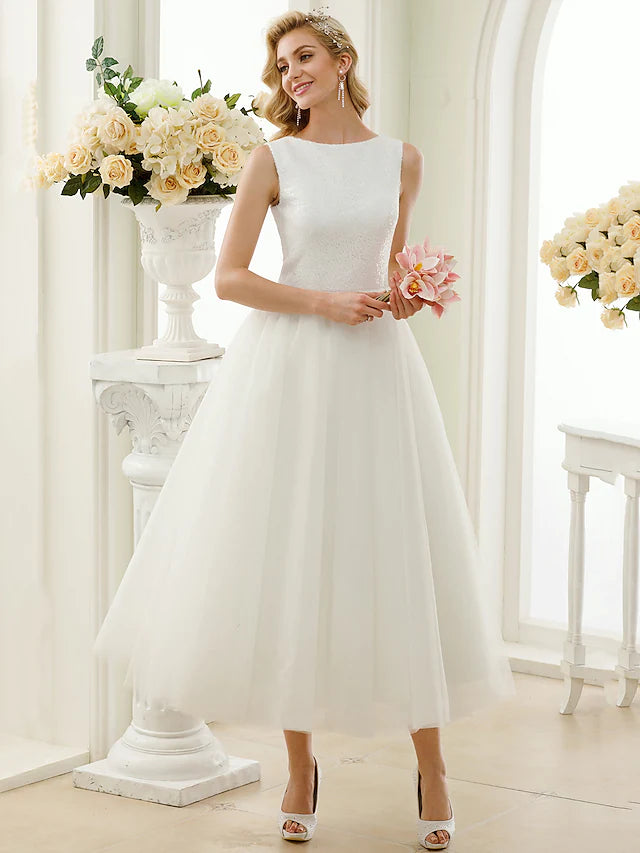 Crazy Savings Sparkle & Shine Open Back Wedding Dresses Tea Length A-Line Regular Straps Bateau Neck Tulle With Lace Sequin
