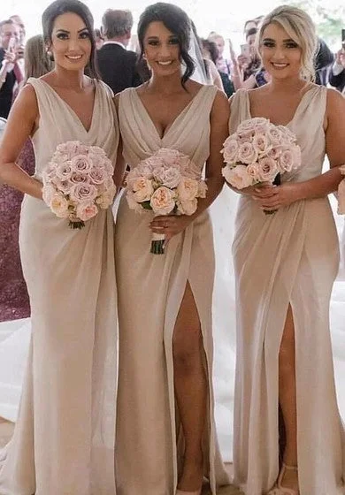Price Fest Sexy Sleeveless Sheath Deep V-neck Front Split Bridesmaid Dress With Ruching