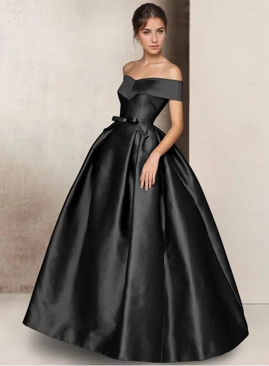 YEAR-End Clearance A-Line Evening Gown Elegant Black Dress Short Sleeve Strapless Satin with Bow(s)