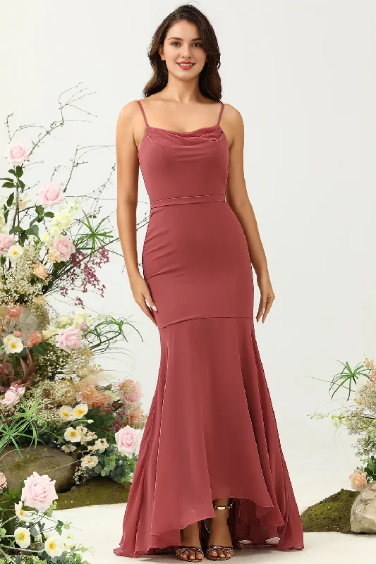 Super Sale Desert Rose Mermaid Thin Shoulder Strap Asymmetric Chiffon Bridesmaid Dress