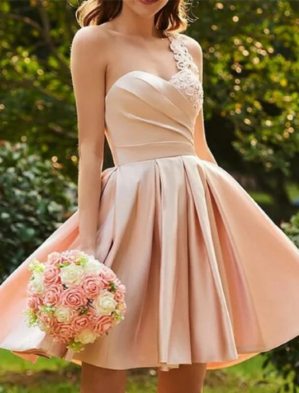 Year-End Sale A-Line Cocktail Dresses Party Dress Valentine's Day Wedding Guest Short / Mini Sleeveless One Shoulder Pink Dress Satin with Pleats Appliques Year-End Sale A-Line Cocktail Dresses Party Dress Valentine's Day Wedding Guest Short / Mini Sleeveless One Shoulder Pink Dress Satin with Pleats Appliques