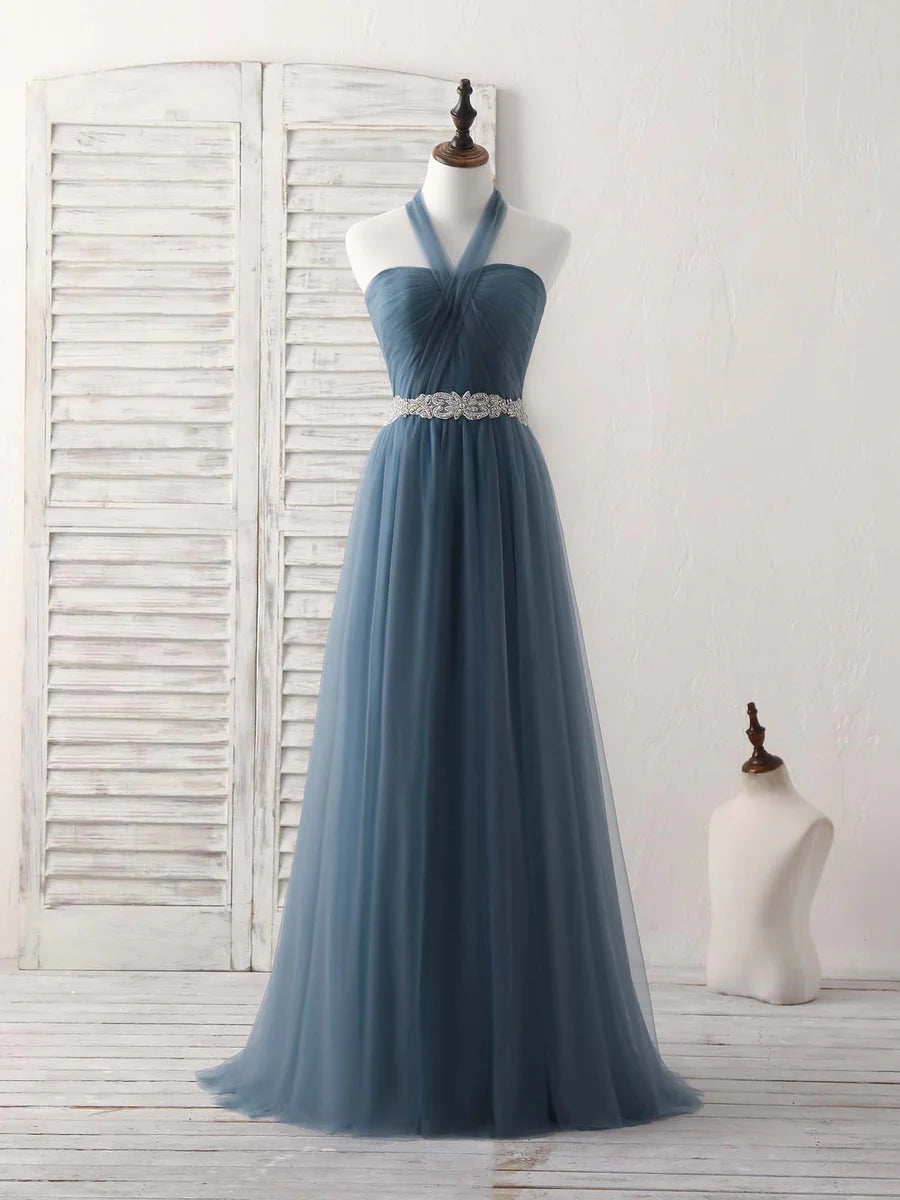 Exclusive Preview A-Line Gray Blue Tulle Long Bridesmaid Dress Floor-length Beading Prom Dress Exclusive Preview A-Line Gray Blue Tulle Long Bridesmaid Dress Floor-length Beading Prom Dress