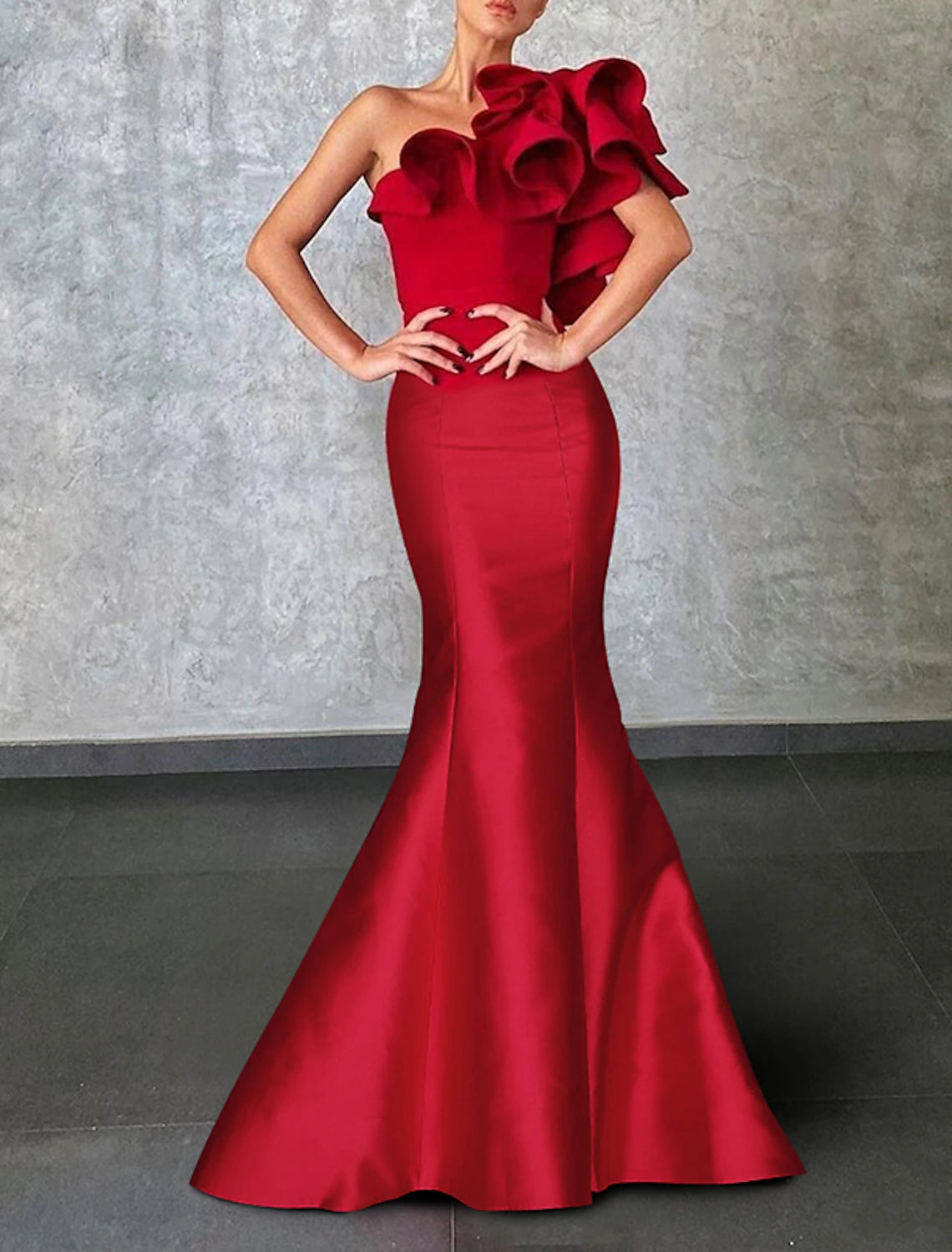 Mega Sale Mermaid Evening Gown Corsets Formal Wedding Guest Floor Length Sleeveless One Shoulder with Ruffles Shouder Flower